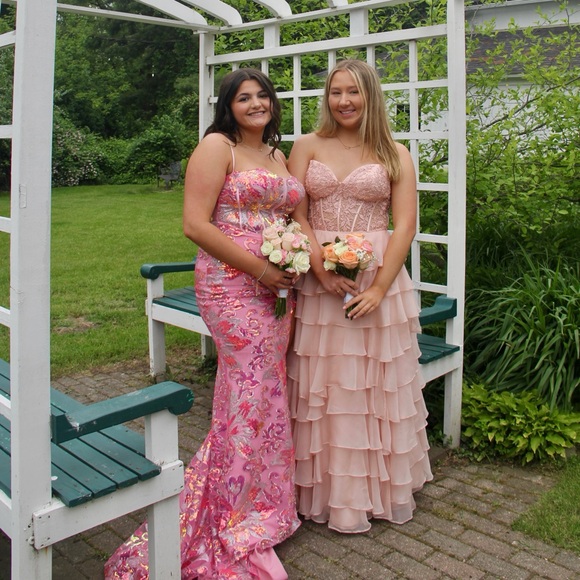 Sherri Hill Pink Lace Tiered Prom Dress - Picture 3 of 3
